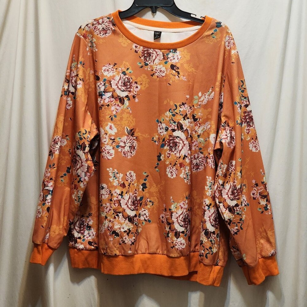 Shein Curve Orange Floral Pullover‎ Textured Top 4X Waffle Knit Blouse